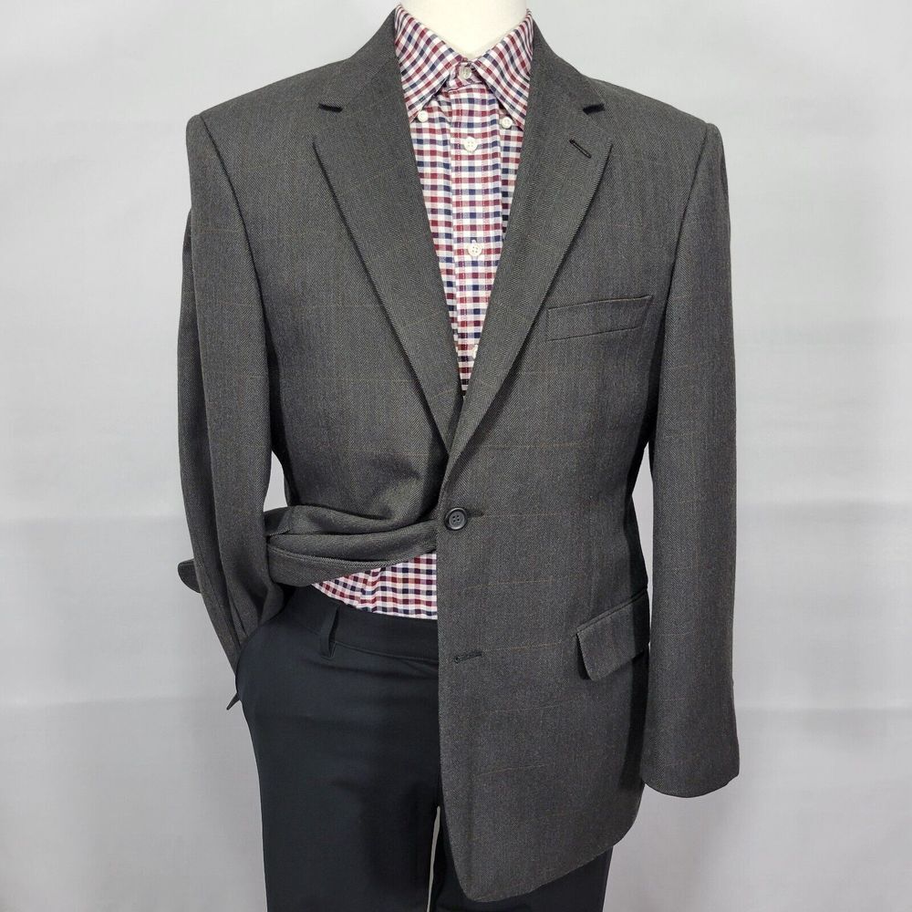 Andrew Fezza Men's Sport Coat Blazer Two‎ Button Herringbone Plaid Brown Sz 42R